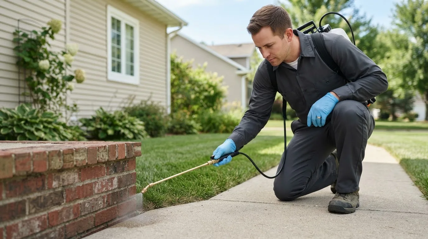 Pest control technician treating a home near Crane, IN