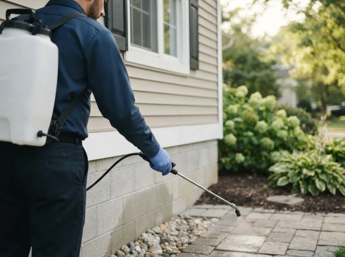 Pest control technician inspecting a home in Crane, IN